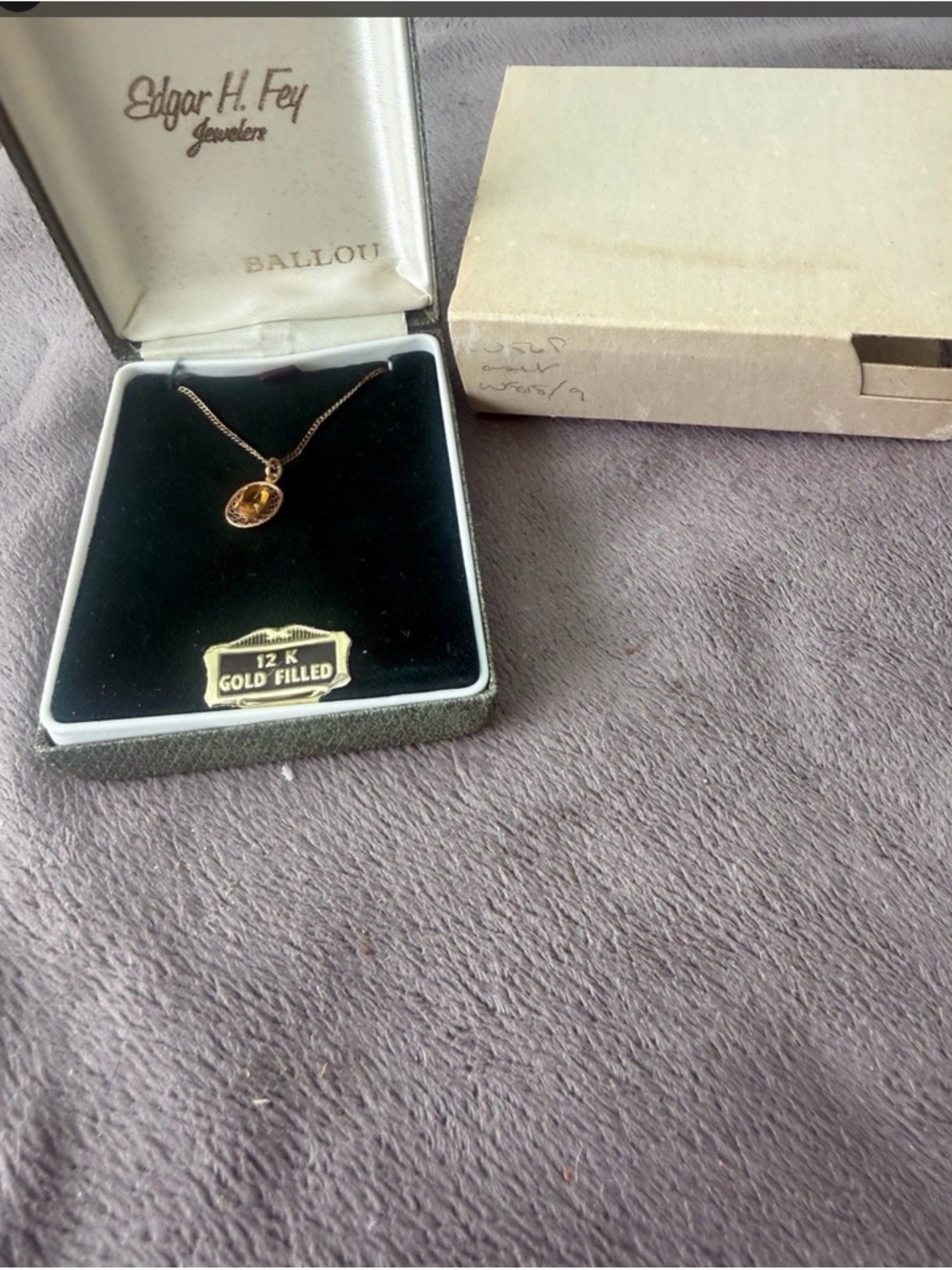 Vintage 12K Gold Filled B.A. Ballou Amber Glass Oval Pendant Necklace Box